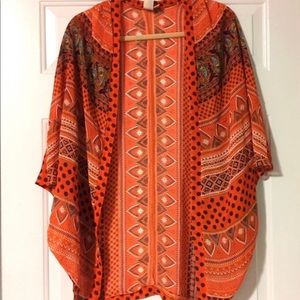 Francesca's Bird Cage sheer orange Paisley boho open front top batwing kimono